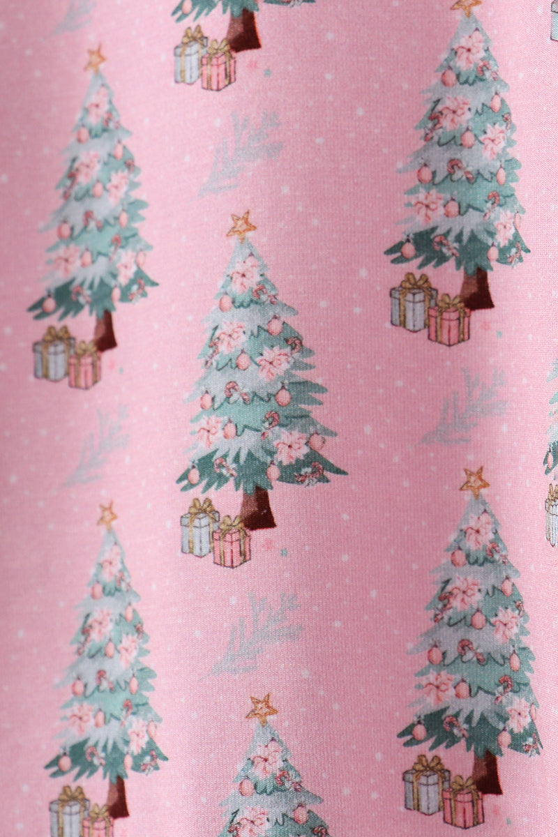 Pattern of Christmas trees and presents on a pink background