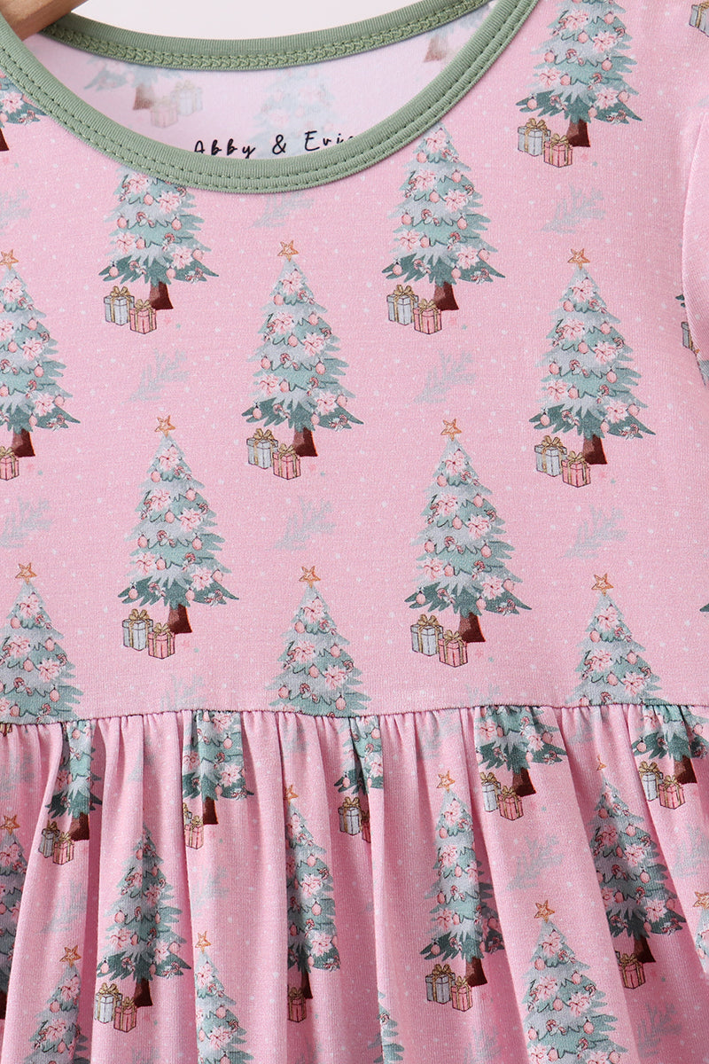 Pink dress with Christmas tree pattern and green neckline