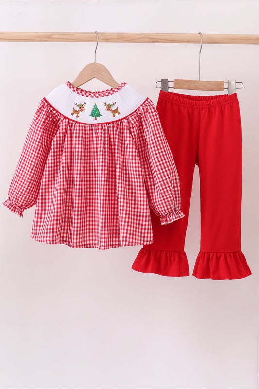 Red checkered top and red pants with ruffles on a white background