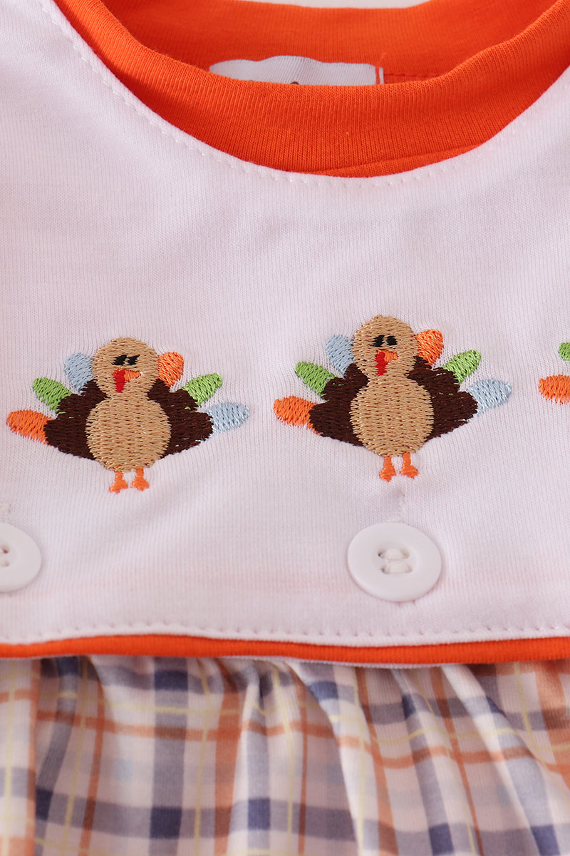Children's dress with embroidered turkeys and plaid skirt