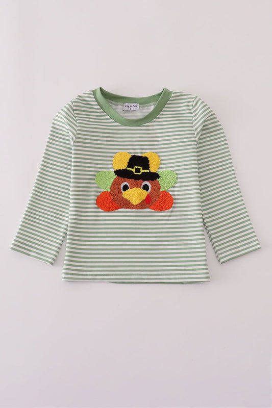 Green and white striped long-sleeve shirt with a turkey design on a light gray background