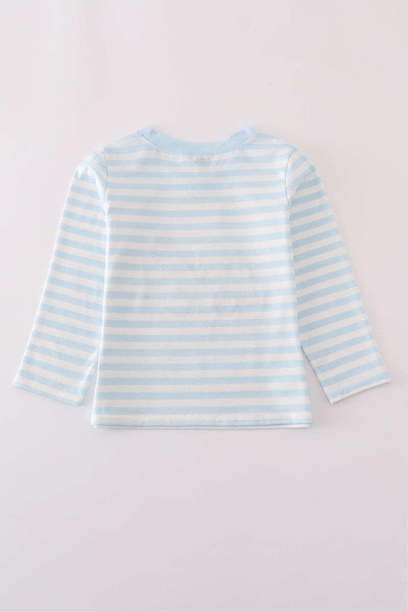 Blue and white striped long-sleeve shirt on a light gray background