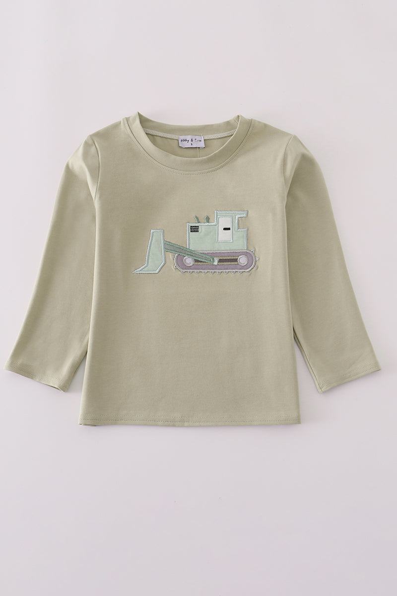 Children's long-sleeve shirt with a bulldozer design on a light gray background