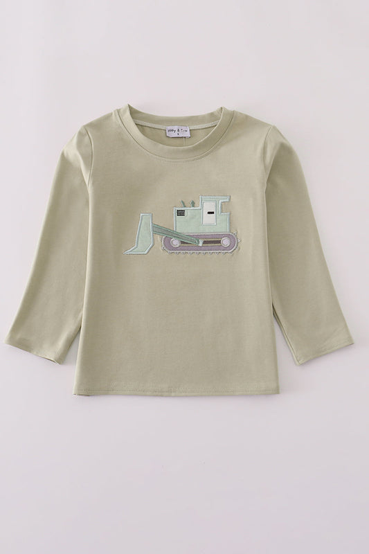 Children's long-sleeve shirt with a bulldozer design on a light gray background