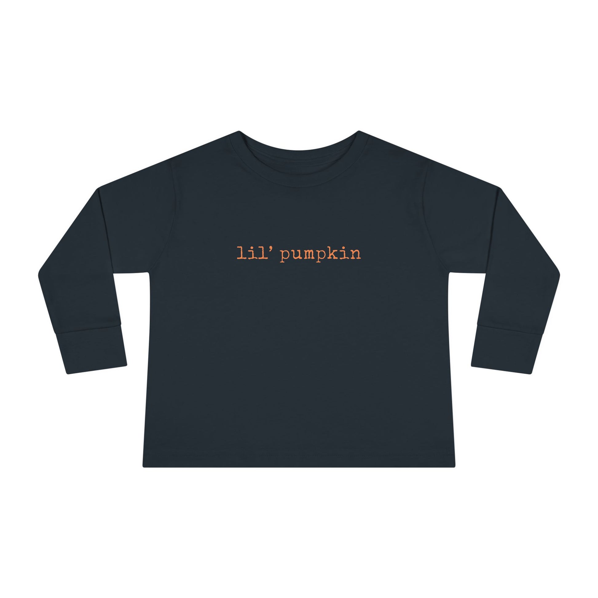 Black long-sleeve shirt with 'lil' pumpkin' text on a white background