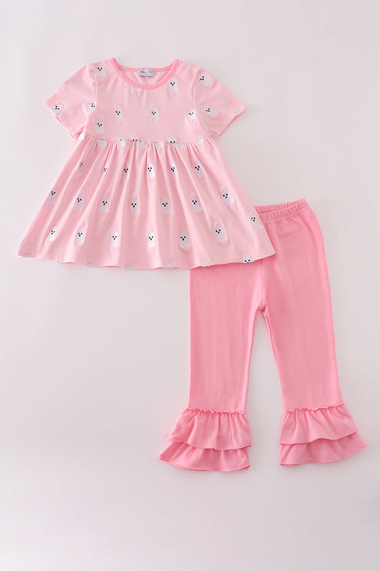 Pink children's outfit with a dress and leggings on a light gray background
