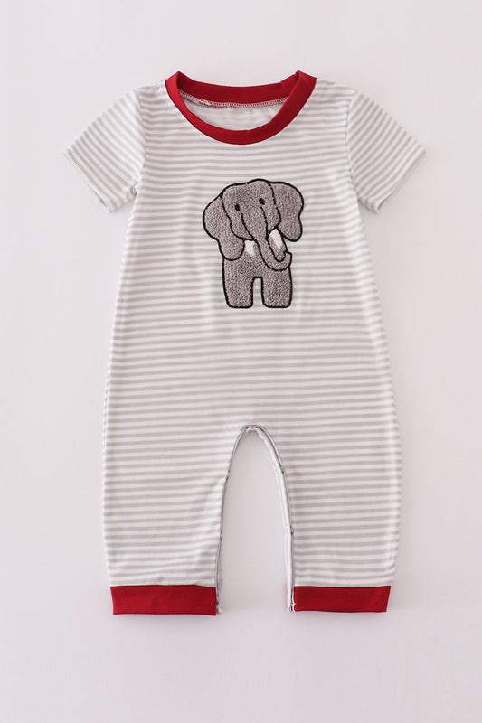 Striped baby romper with elephant design on a white background