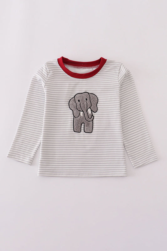 Striped long-sleeve shirt with an elephant applique on a white background