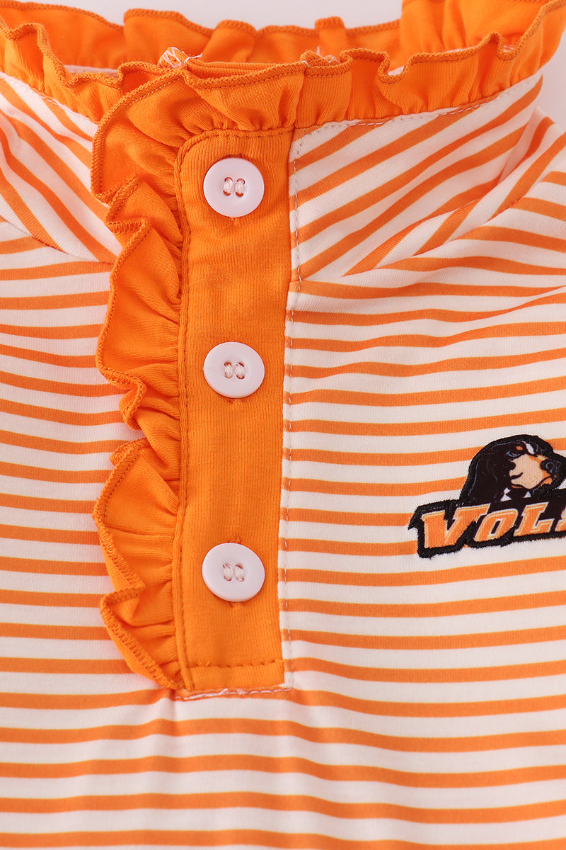 Orange and white striped shirt with ruffled collar and button details, featuring a logo on the chest.
