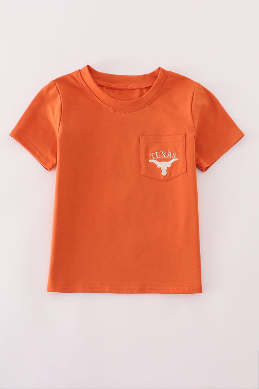 Orange t-shirt with a pocket and 'Texas' logo on a white background