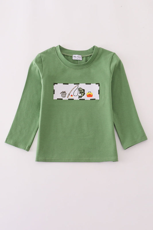 Green long-sleeve shirt with a graphic on a white background