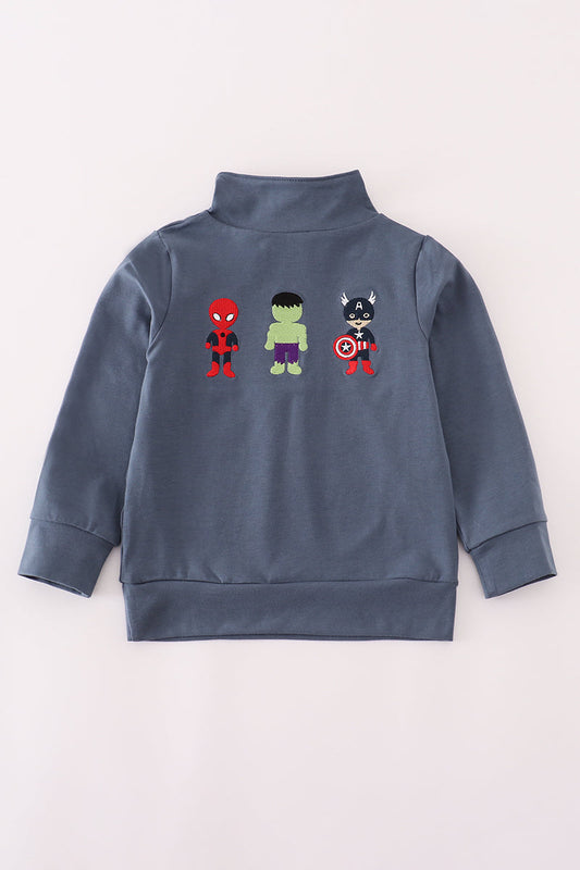 Children's sweatshirt with superhero characters on a light gray background