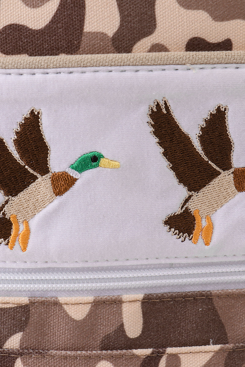 Camouflage bag with embroidered mallard ducks on a white background