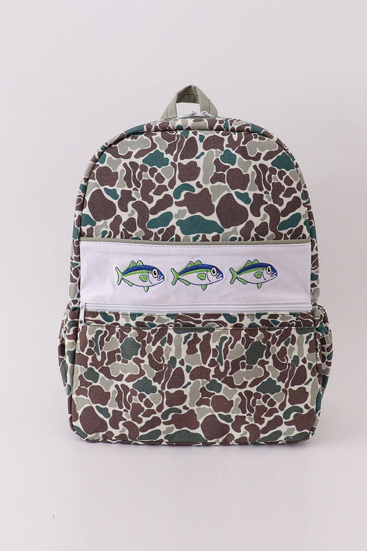 Backpack with a camouflage pattern and fish illustrations on a white background