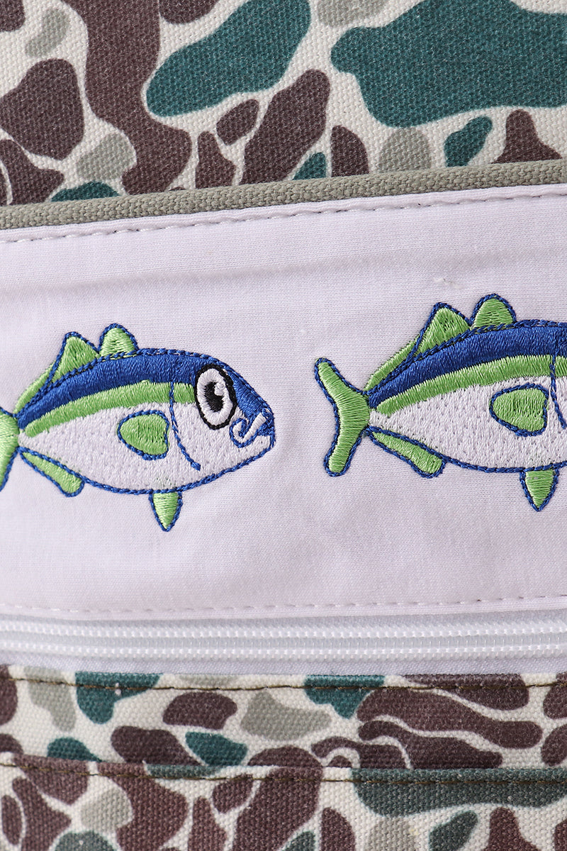 Camouflage-patterned bag with embroidered fish designs on a white background