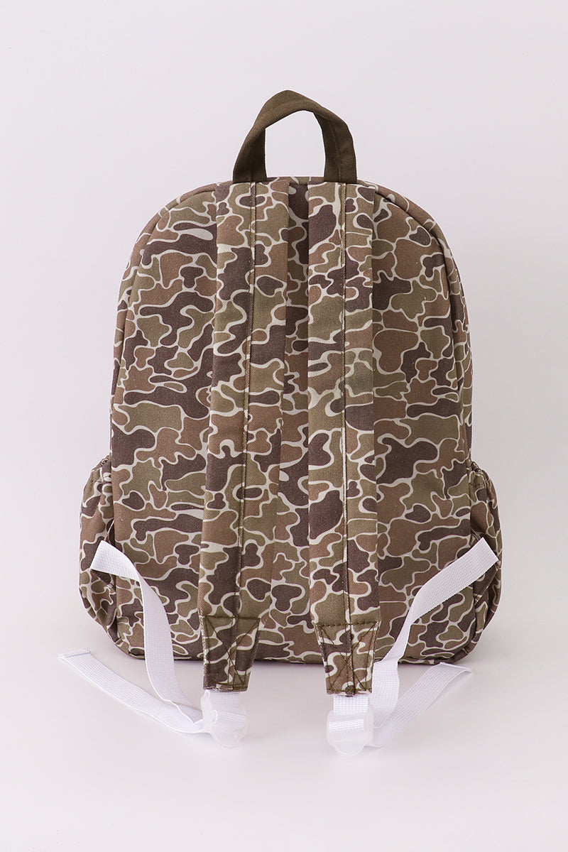 Camouflage-patterned backpack on a white background