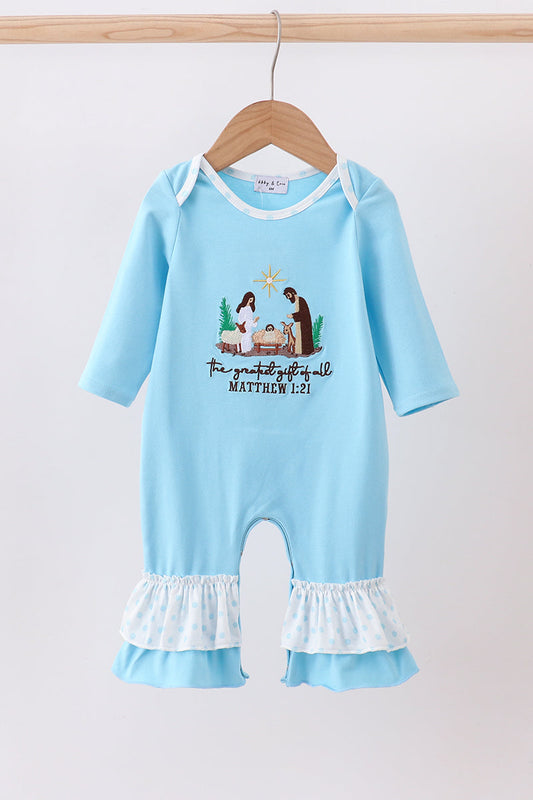 Light blue baby romper with ruffles on a wooden hanger against a white background