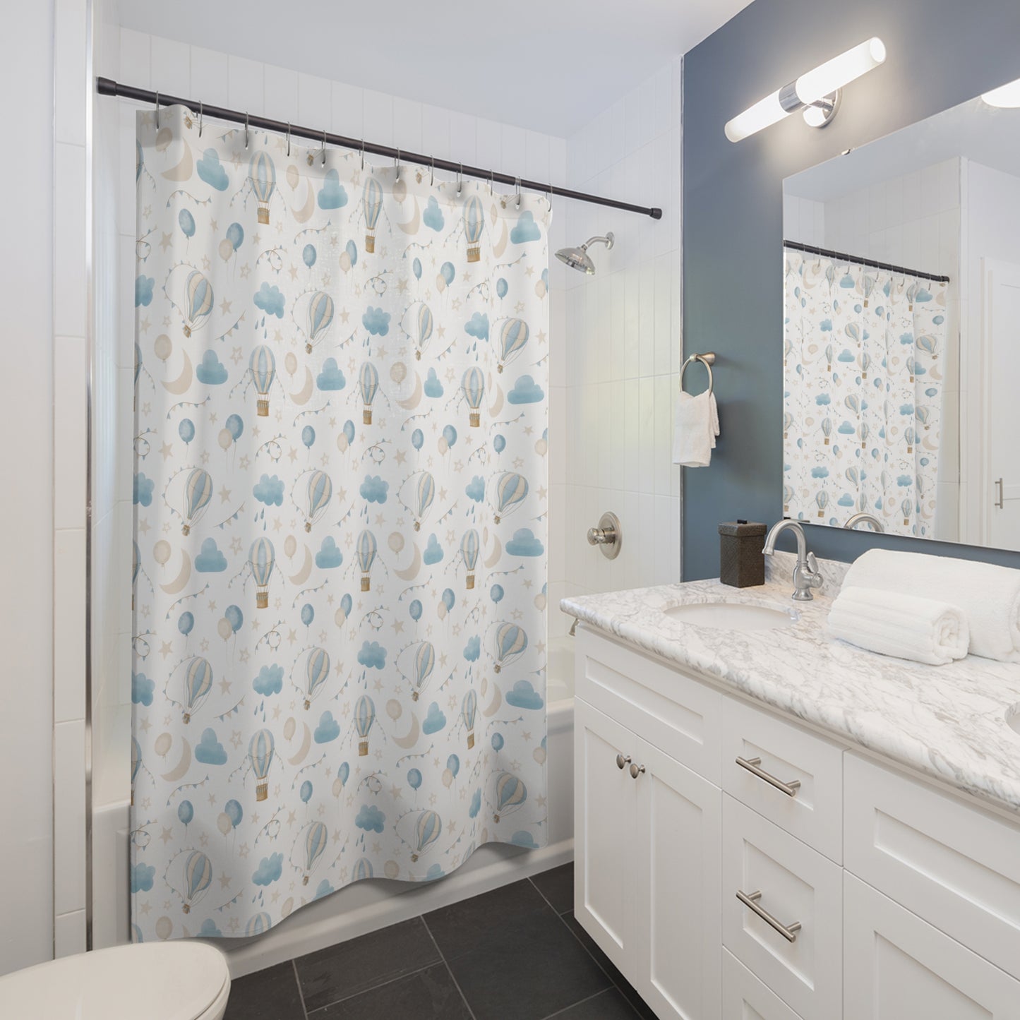 Child's Shower Curtain - Blue Air Balloons Design