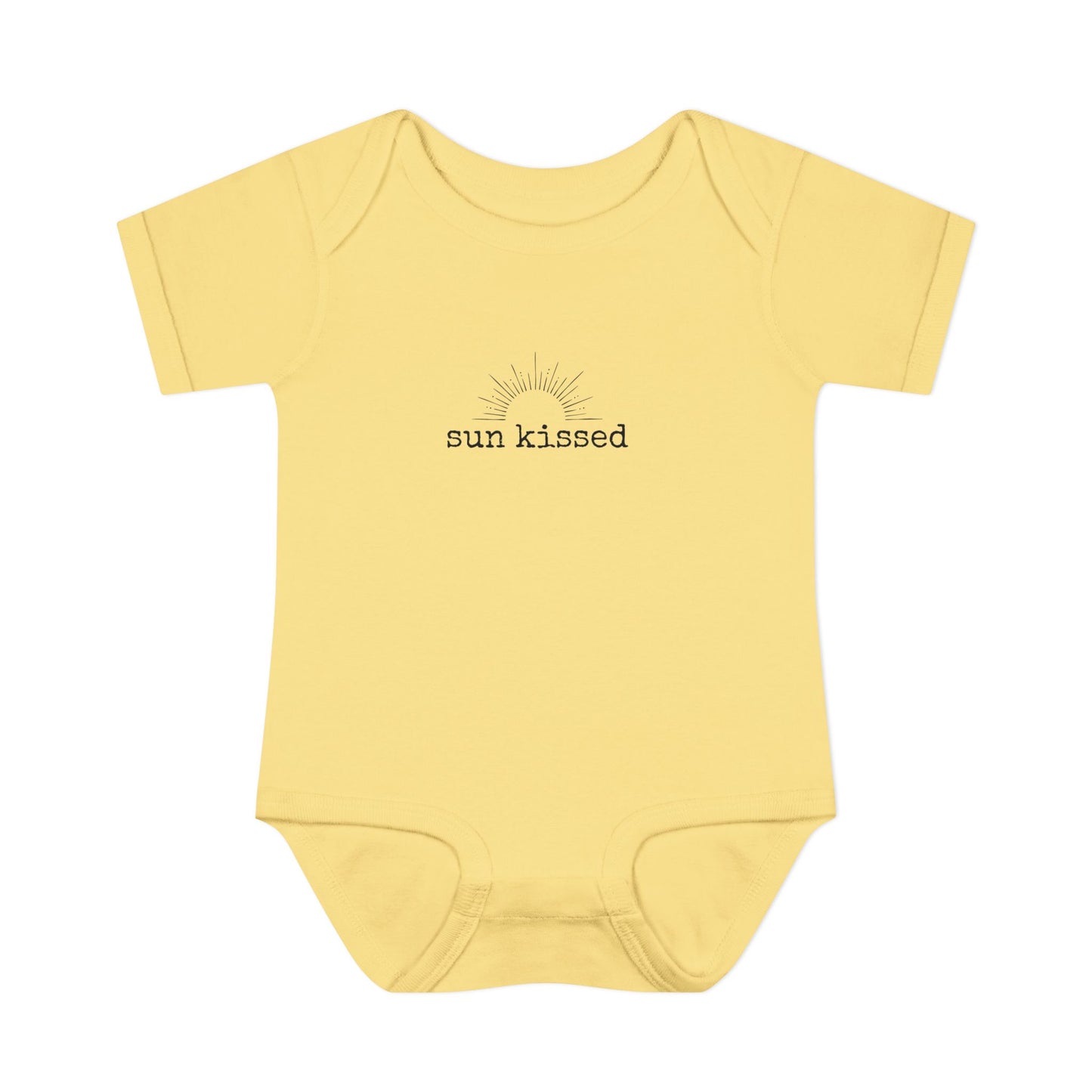 Yellow baby onesie with 'sun kissed' text on a white background