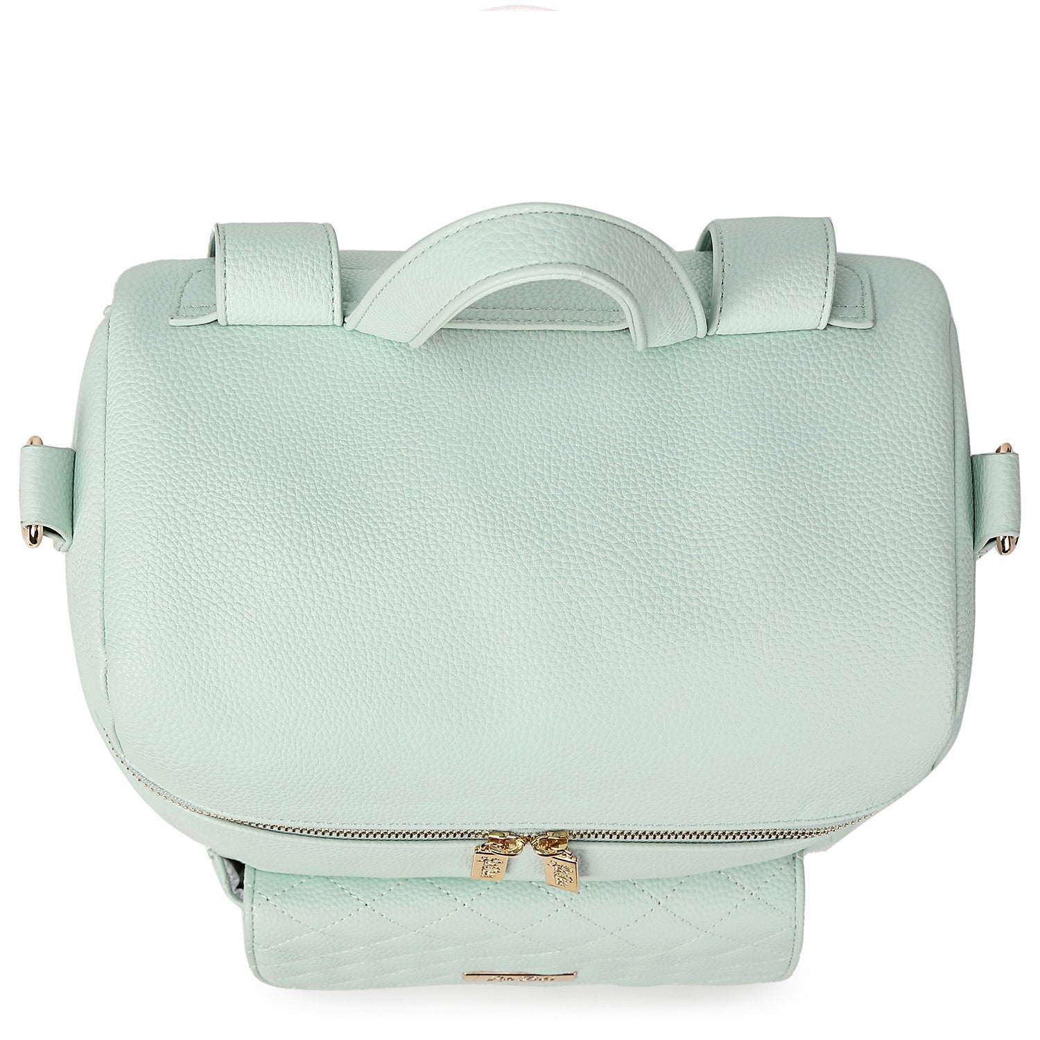 Mint green handbag with gold zipper on a white background