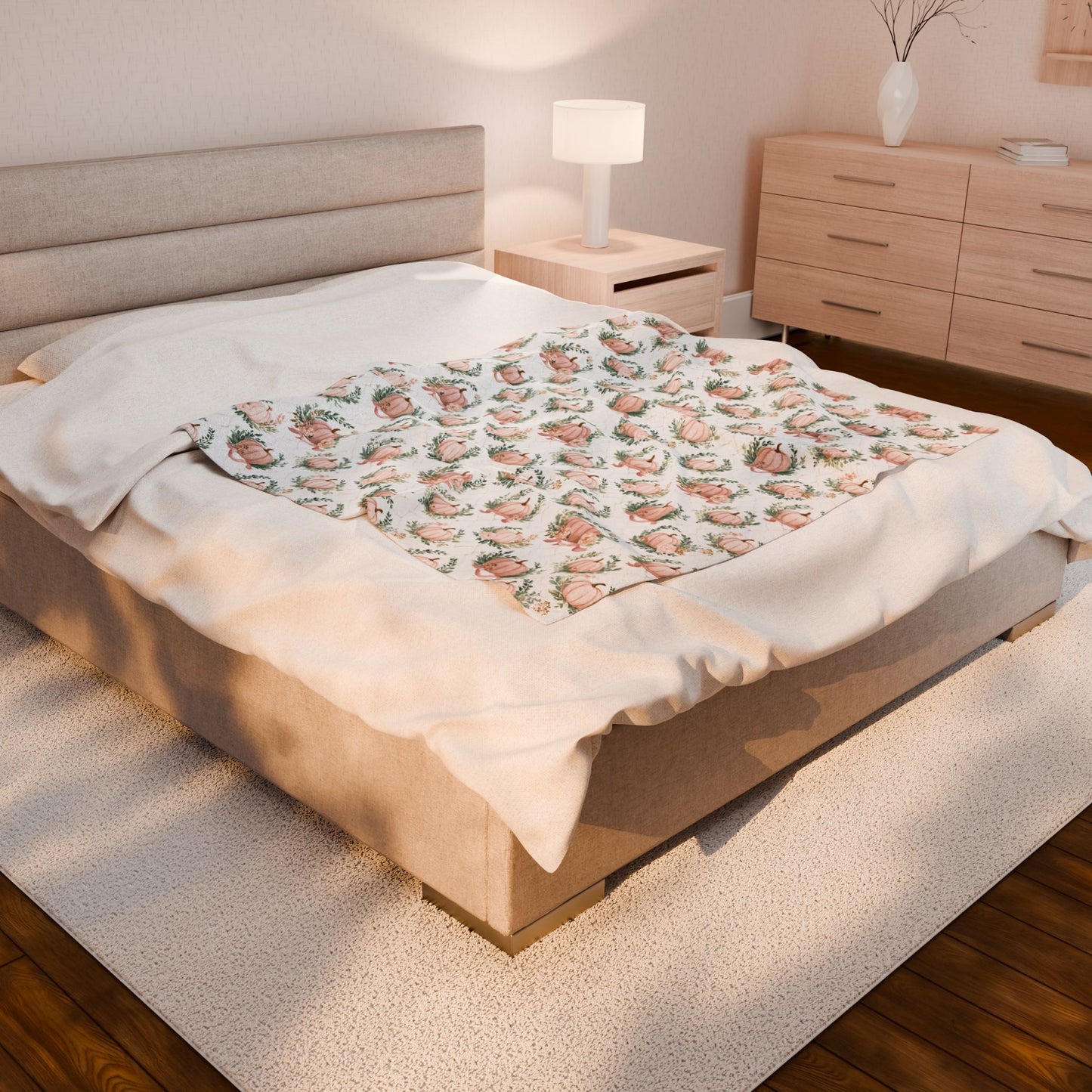 Velveteen Plush Blanket - Cozy Floral Home Decor Gift - Elegant Pumpkin Design