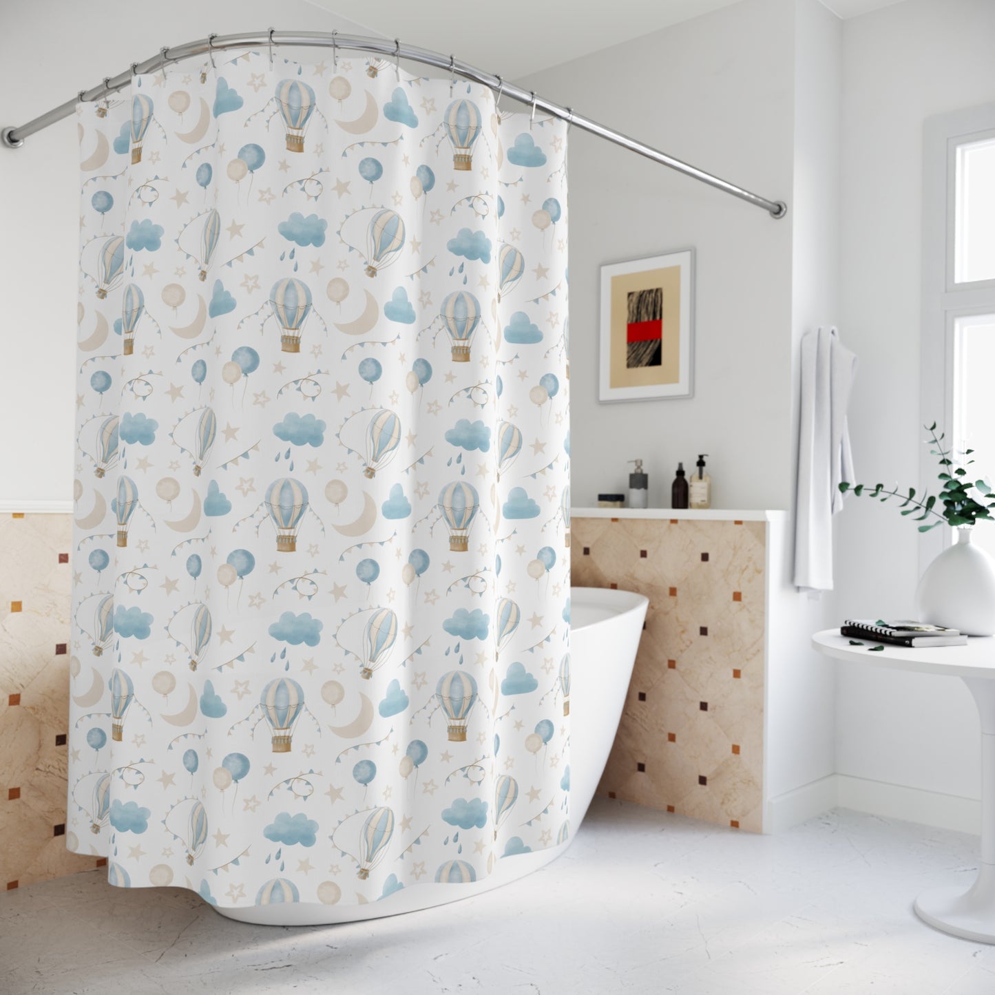 Child's Shower Curtain - Blue Air Balloons Design