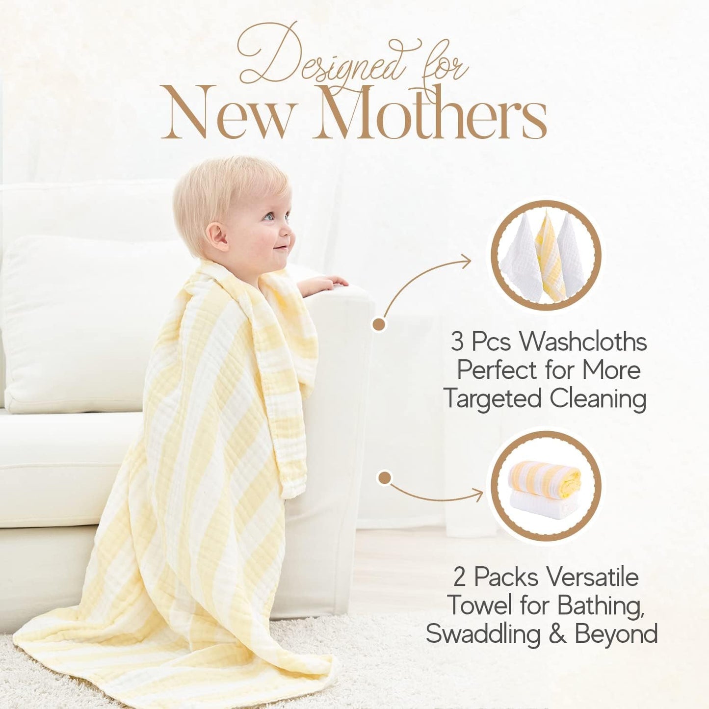 Muslin Baby Bath Towel Set, 2 Large Gauze Super Soft Baby Bath Towel and 3 Washcloths, 6 Layers Muslin Cotton Infant Blanket Suitable for Baby'S Delicate Skin (Amsicotion)