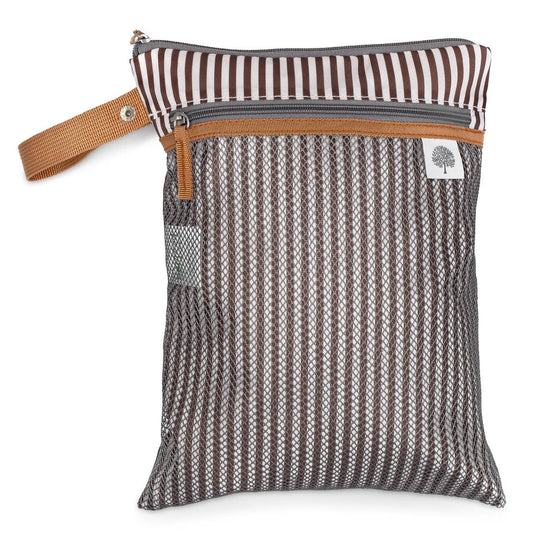 A striped brown and gray Parker Baby Co. Wet Dry Bag with a waterproof main compartment and a snap handle.