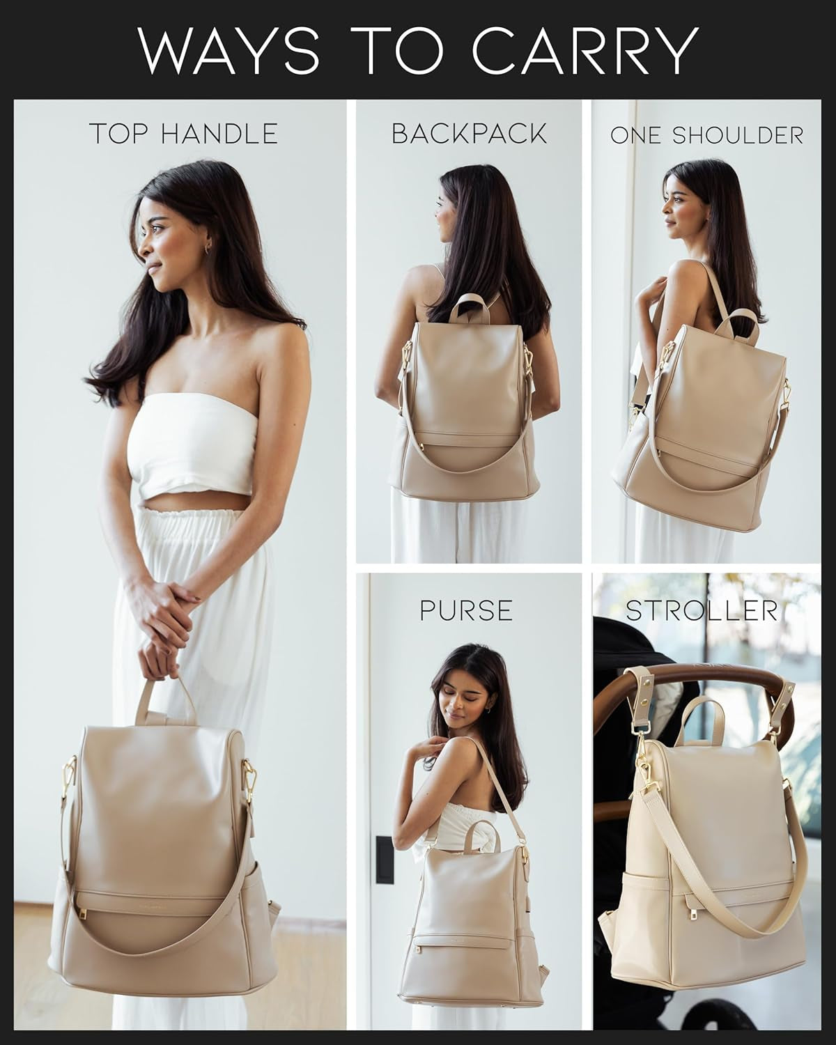 Leather Diaper Bag Backpack with USB Charging Port, Changing Pad, Stroller Straps, and Bottle Holder (Beige Mia)