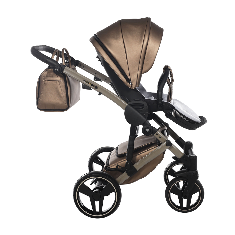 Brown and black stroller with matching bag on a white background