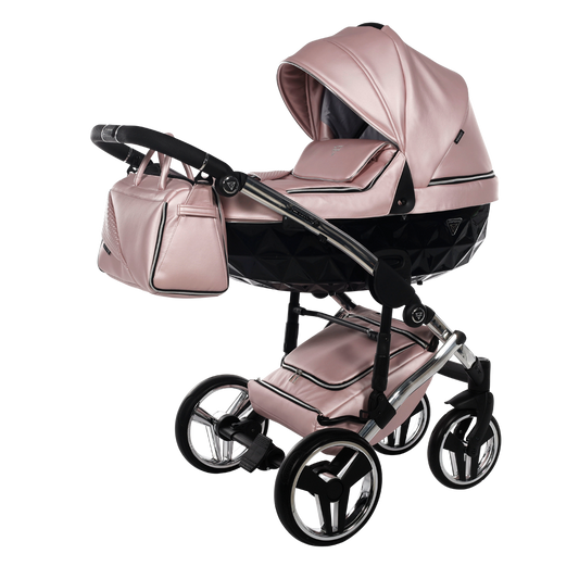 Pink baby stroller with matching bag on a white background