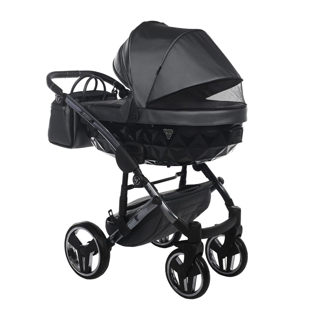Black baby stroller on a white background