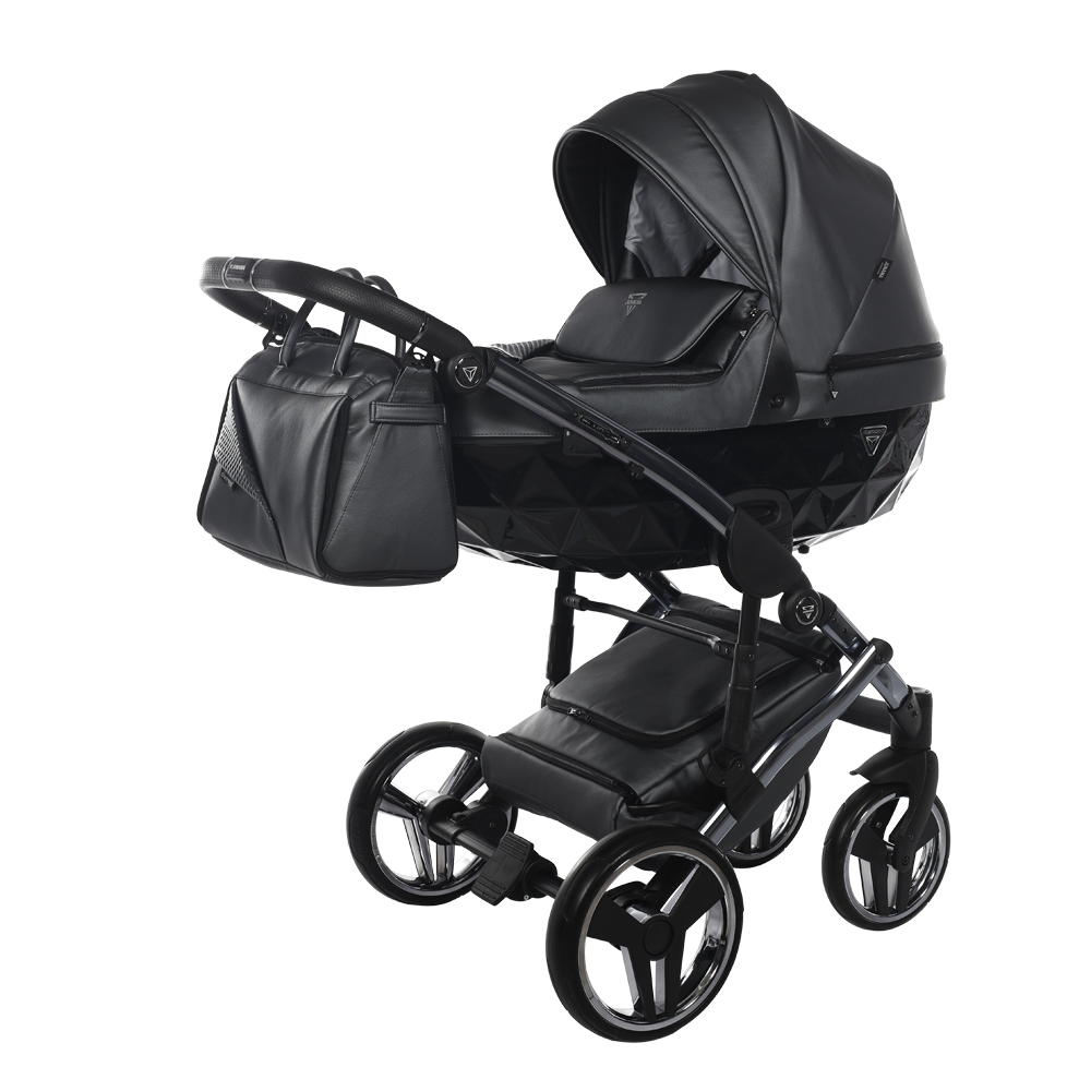 Black baby stroller with matching bag on a white background
