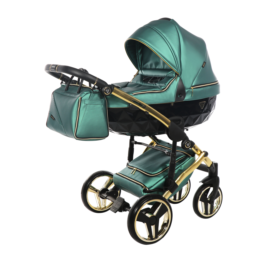 Green and gold baby stroller with matching bag on a white background