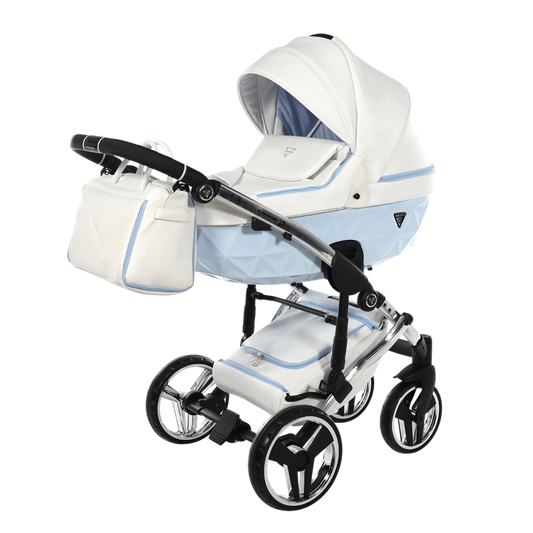 White and light blue baby stroller on a white background