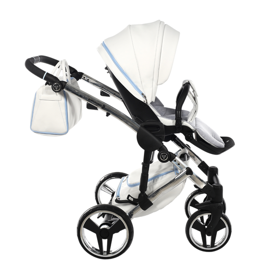 Baby stroller with white canopy on a white background