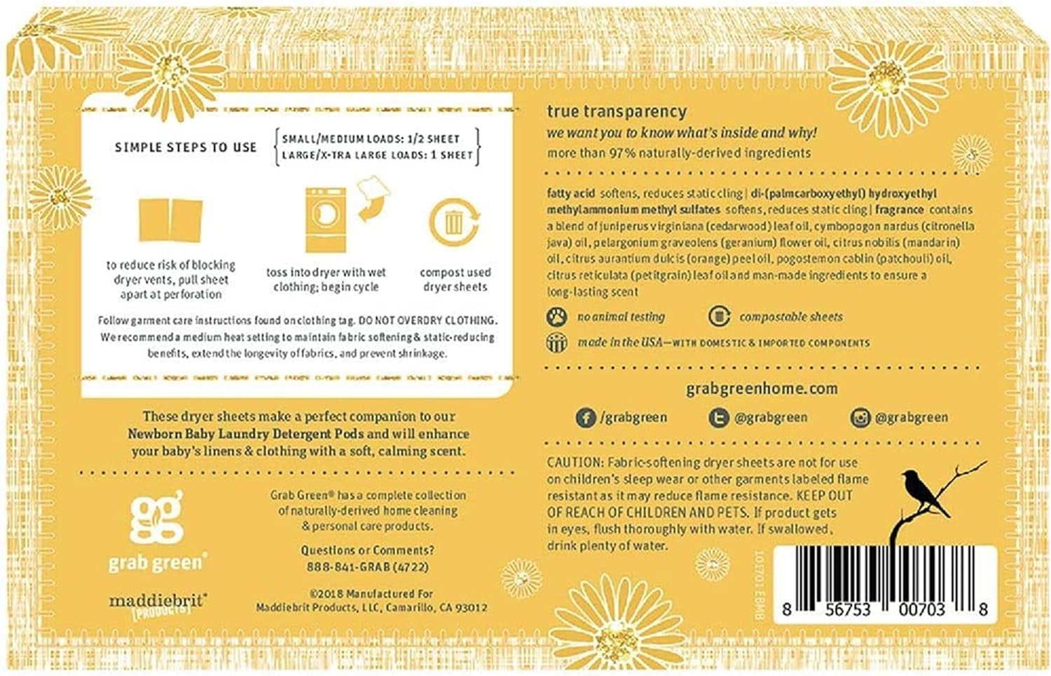 Newborn Baby Dryer Sheets, 120 Sheets, Chamomile Scent, Plant and Mineral Based, Compostable, Softens Clothing and Linens, Reduces Static Cling