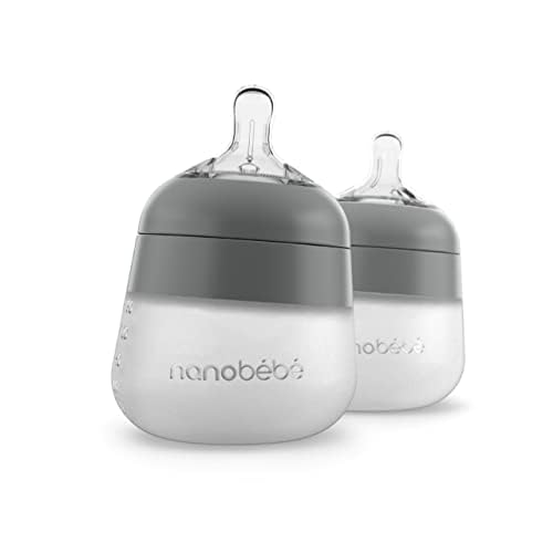 Nanobébé Flexy Silicone Baby Bottle, Anti-Colic, Natural Feel, Non-Collapsing Nipple, Non-Tip Stable Base, Easy to Clean, 3-Pack, Gray, 9oz