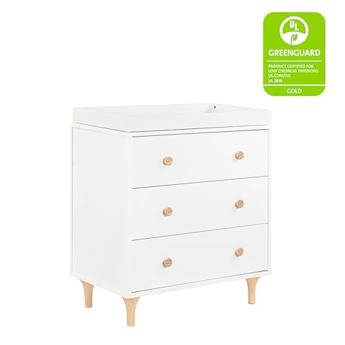 White dresser with wooden legs and drawers on a white background, featuring a Greenguard Gold certification badge.