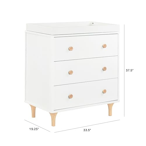 White dresser with three drawers and wooden legs and handles on a white background