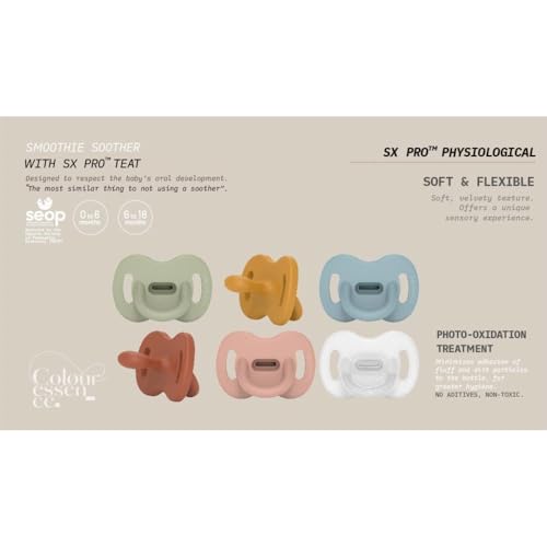 Color Essence SX PRO Silicone Baby Pacifier 2Pk, Made with 100% Soft Silicone, Baby Essentials Perfect for Breastfeeding Babies, Designed in Spain, 0-6 Mths, Mustard/Blue