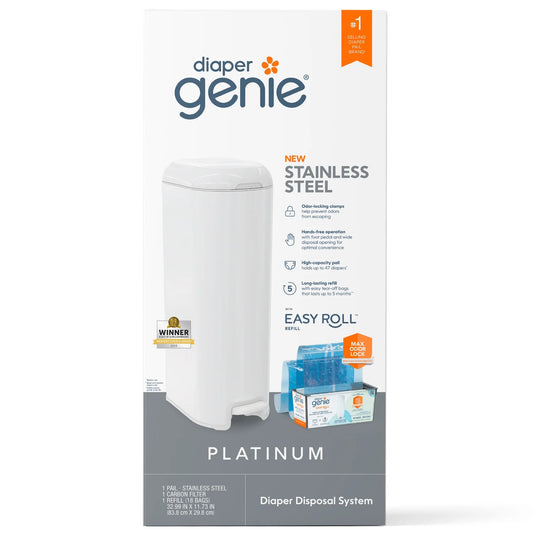 Platinum Pail,White,Stainless Steel, 1 Diaper Pail,1 Easy Roll 18 Bags, Infant
