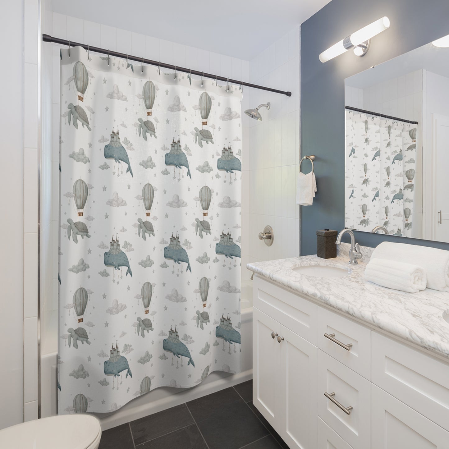 Children's Shower Curtain - Whale Ships Design