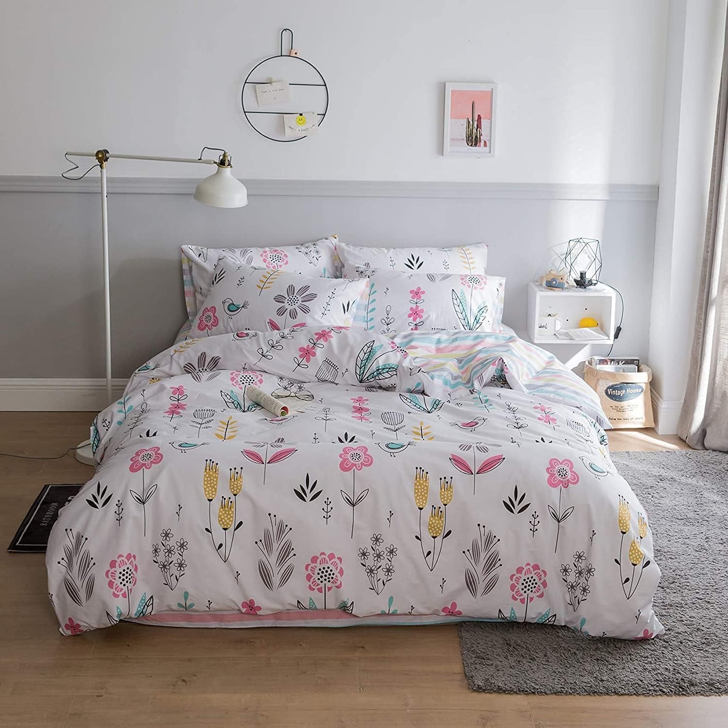 Floral Bird Print Pattern Girls Duvet Cover Twin White Premium Cotton Nature Blossom Colorful Reversible Kids Bedroom Comforter Cover Bedding Sets for Teen Toddler,Zipper Closure