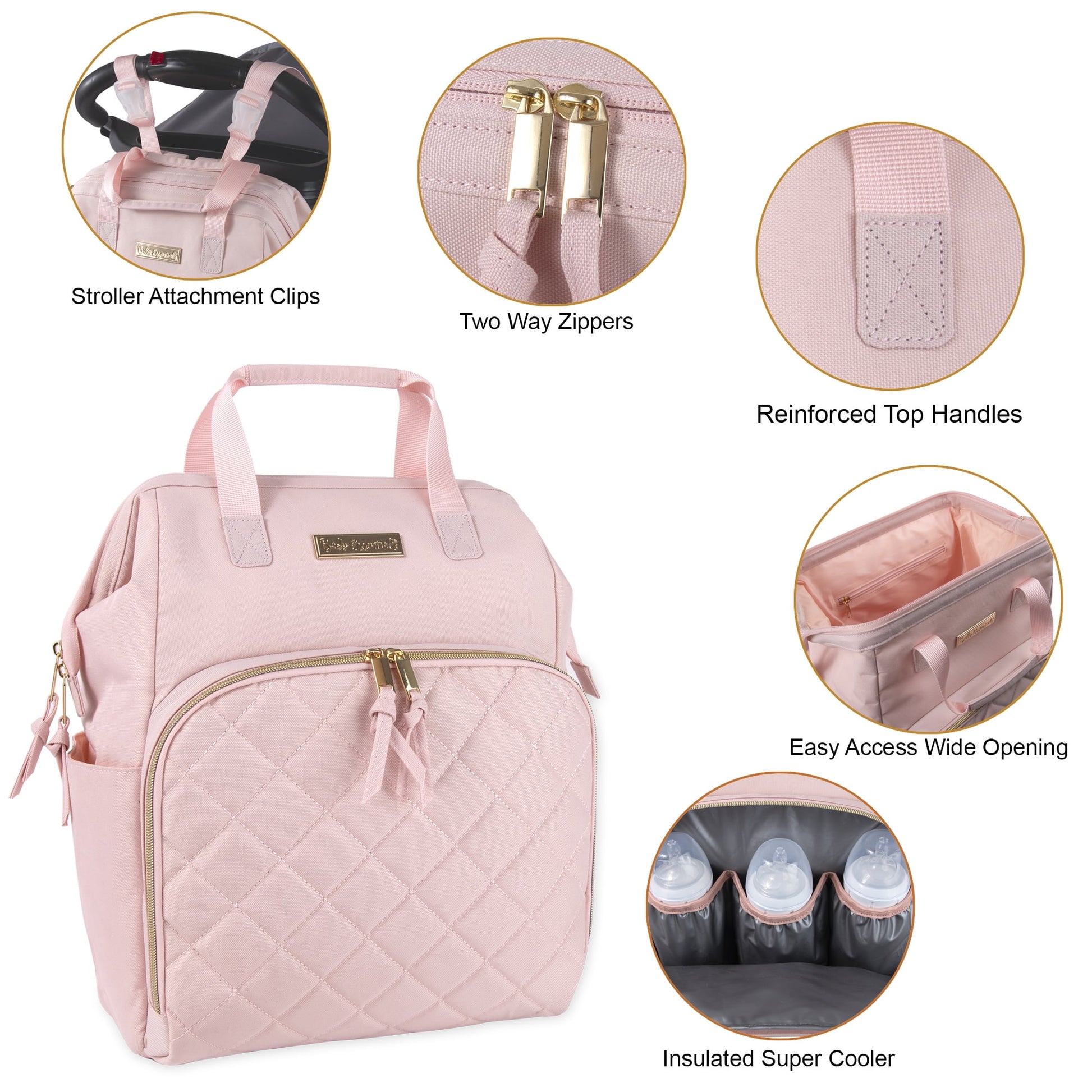 Super Cooler Main Frame Dual Zipper Closure Diaper Bag Backpack Tote with Matching 6-Ply Changing Pad, Insulated Bottle Pockets, Stroller Straps and Pacifier Pouch in Mauve Pink