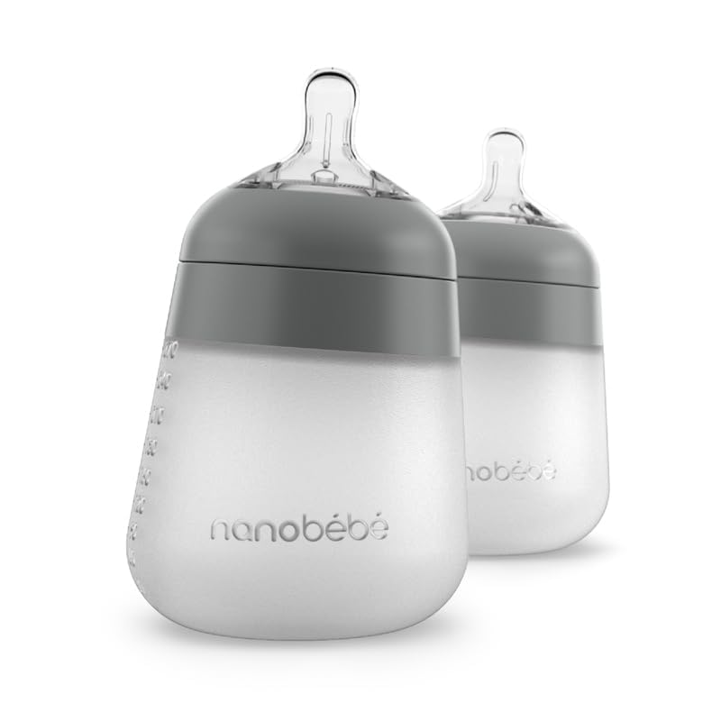 Nanobébé Flexy Silicone Baby Bottle, Anti-Colic, Natural Feel, Non-Collapsing Nipple, Non-Tip Stable Base, Easy to Clean, 3-Pack, Gray, 9oz