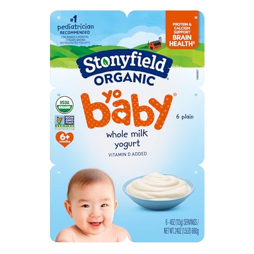 Stonyfield Organic YoBaby Whole Milk Baby Yogurt Cups with Probiotics, Plain, 4 Oz, 6 Pack