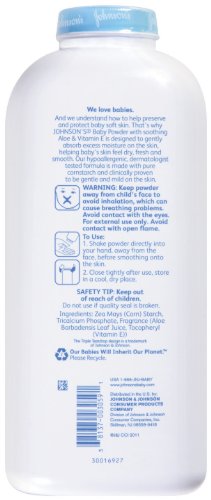 Johnson's Baby Powder with Naturally Derived Cornstarch, Aloe & Vitamin E, 22 oz, 3 Pack