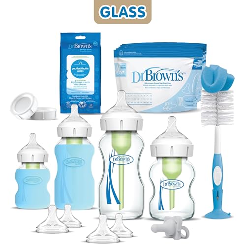 Dr. Brown's Natural Flow Anti-Colic Options+ Wide-Neck Glass Baby Bottles 5 oz/150 mL, with Level 1 Slow Flow Nipple, 3 Pack, 0m+