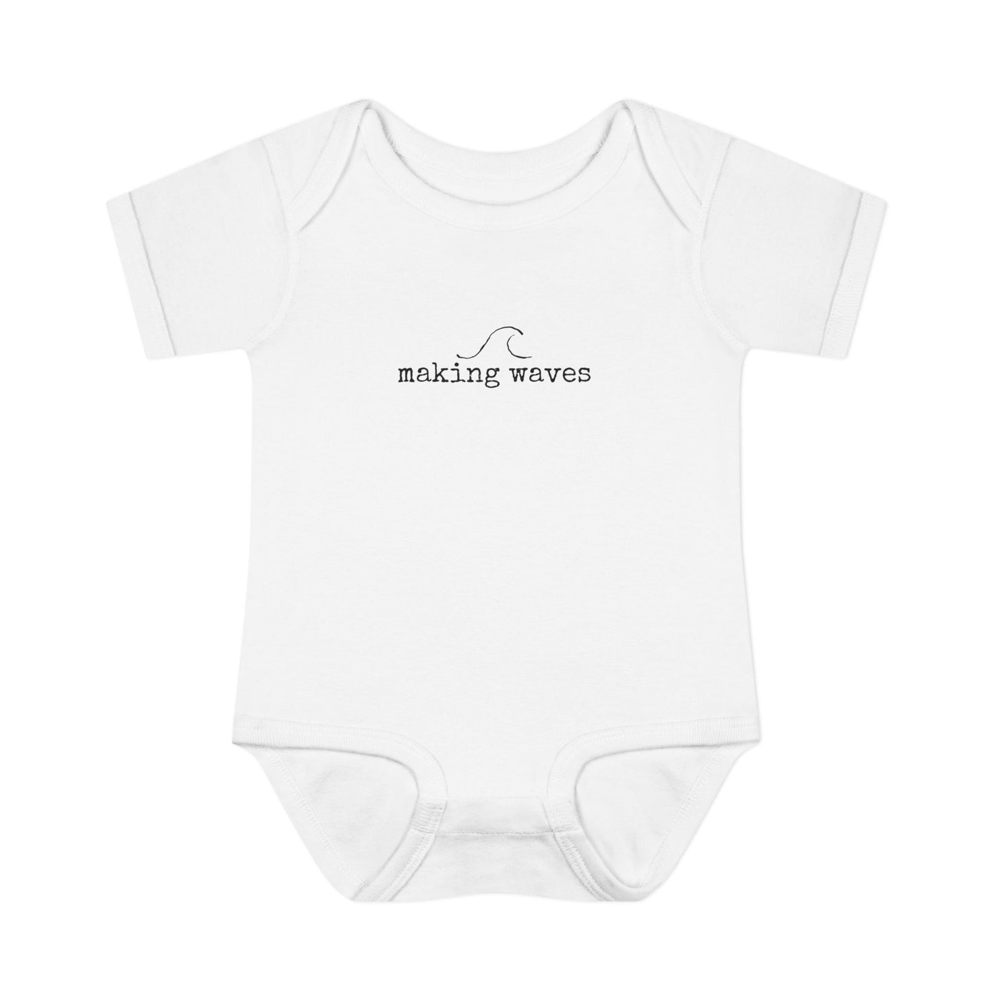 White baby onesie with 'making waves' text and wave graphic on a white background